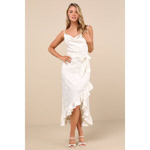 Lulus Modern Passion Ivory Floral Satin Jacquard Ruffled Midi Dress White